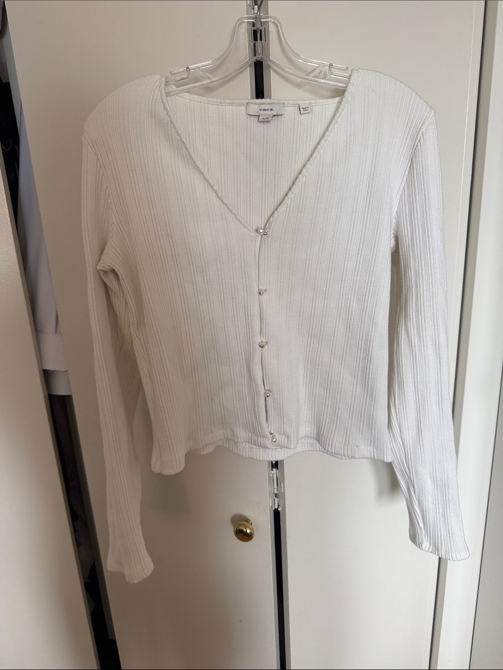 Vince White Ribbed Long-Sleeve V-Neck Cardigan with Pearl Buttons